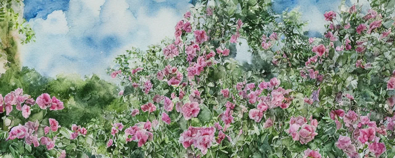 Image similar to delicate marble in a botanic garden, stony, puffy clouds, botanical herbarium paper, watercolor colored painting and pencil, iridescent colors, 8 k, realistic shaded, fine details, artstation, italian, colonnade, vines, flowers, gardena architecture, pompeii