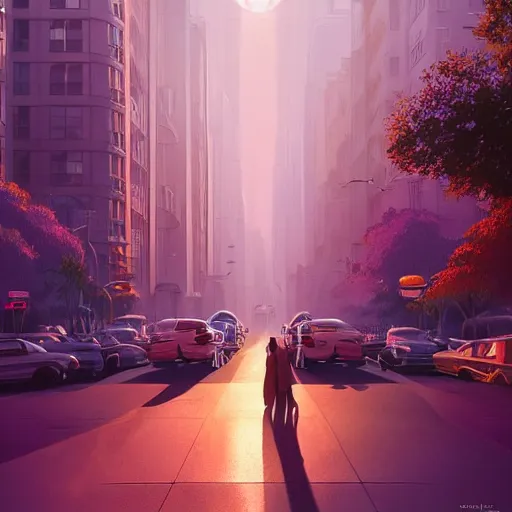 Image similar to an art deco cityscape with flowers lining the street. incredible voluminous indirect soft glow cinematic lighting, hyperdetailed features, movie still, intricate, octane render, unreal engine, crepuscular rays, god rays, by beeple and rhads and donato giancola