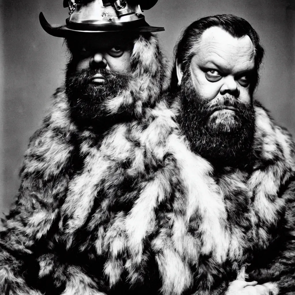 Prompt: An Alec Soth portrait photo of Orson Welles as hairy werewolf, wearing multiple military helmets