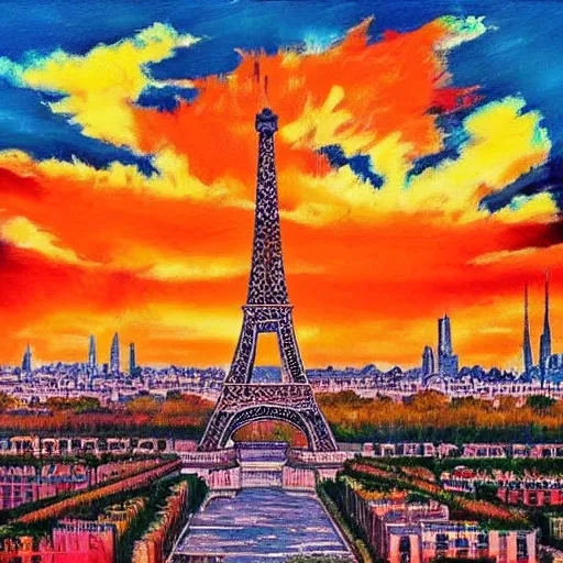 Prompt: decrepit eiffel tower in the foreground, a post apocalyptic paris cityscape after a nuclear war, beautiful radioactive sunset lighting, beautiful painting, fallout