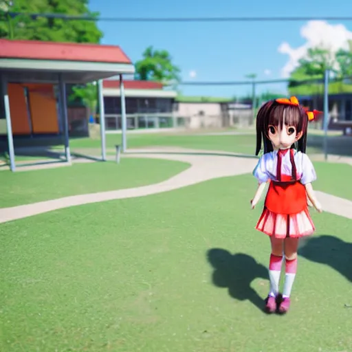 Prompt: cute anime elementary school girl playing on playground, unreal engine rendering, 4k