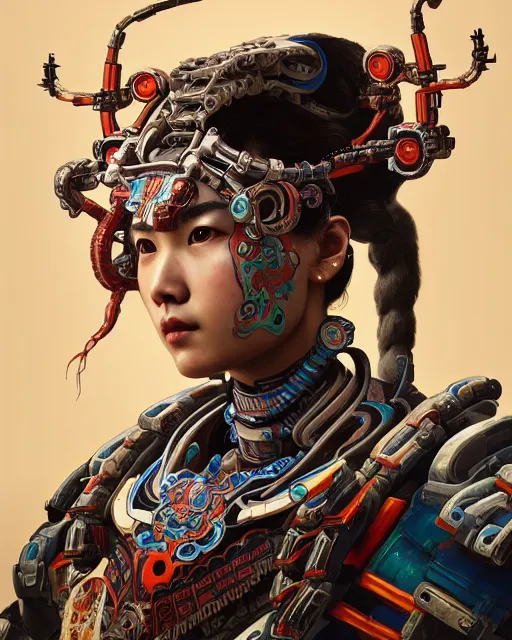 Image similar to portrait of a machine from horizon zero dawn, machine face, upper body, decorated with chinese opera motifs, asian, traditional chinese art, intricate, elegant, highly detailed, digital painting, artstation, concept art, smooth, sharp focus, illustration, art by artgerm and greg rutkowski and alphonse mucha, 8 k