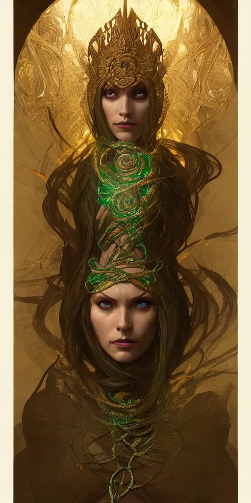 Image similar to sinister mage, snake queen, ancient, sand, emerald, intricate, highly detailed, digital painting, artstation, concept art, smooth, sharp focus, illustration, Unreal Engine 5, 8K, art by artgerm and greg rutkowski and alphonse mucha