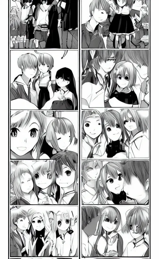 Image similar to a page of multi-panel shoujo!! ai school!! manga, black and white chibi manga!!! style, kawaii manga, japanese text kanji