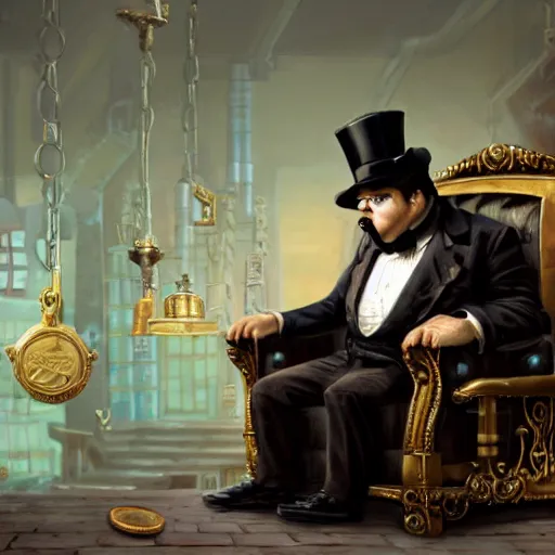 Prompt: oil painting of grumpy rich steampunk penguin, sitting in fancy chair, wearing top hat, looking at gold coin, steampunk factory background, sharp focus, fantasy style, octane render, volumetric lighting, 8k high definition, by greg rutkowski, highly detailed, trending on art Station, magic the gathering artwork, centered