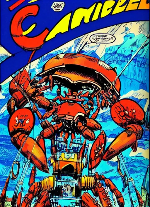 Image similar to comic book cover of a giant mechanical crab at the grand canyon by jack kirby!!! and simon bisley, epic, awesome bright color palette, hard contrast, black ink outlines