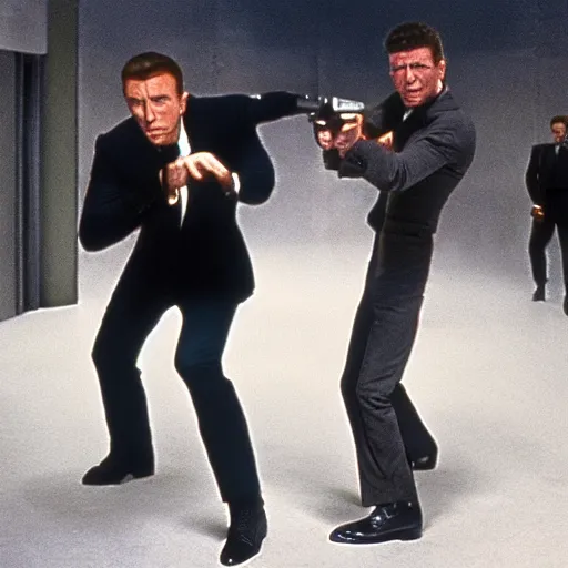 Image similar to Epic Action Scene of James Bond and Rick Astley fighting villains