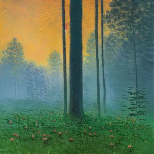 Image similar to A quiet forest by Simon Stålenhag and Claude Monet