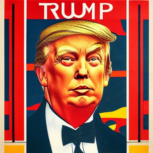 Image similar to a colorful 1920s propaganda poster of Donald trumps face looking at the camera, only his face, mosaic, high contrast, norman Rockwell,