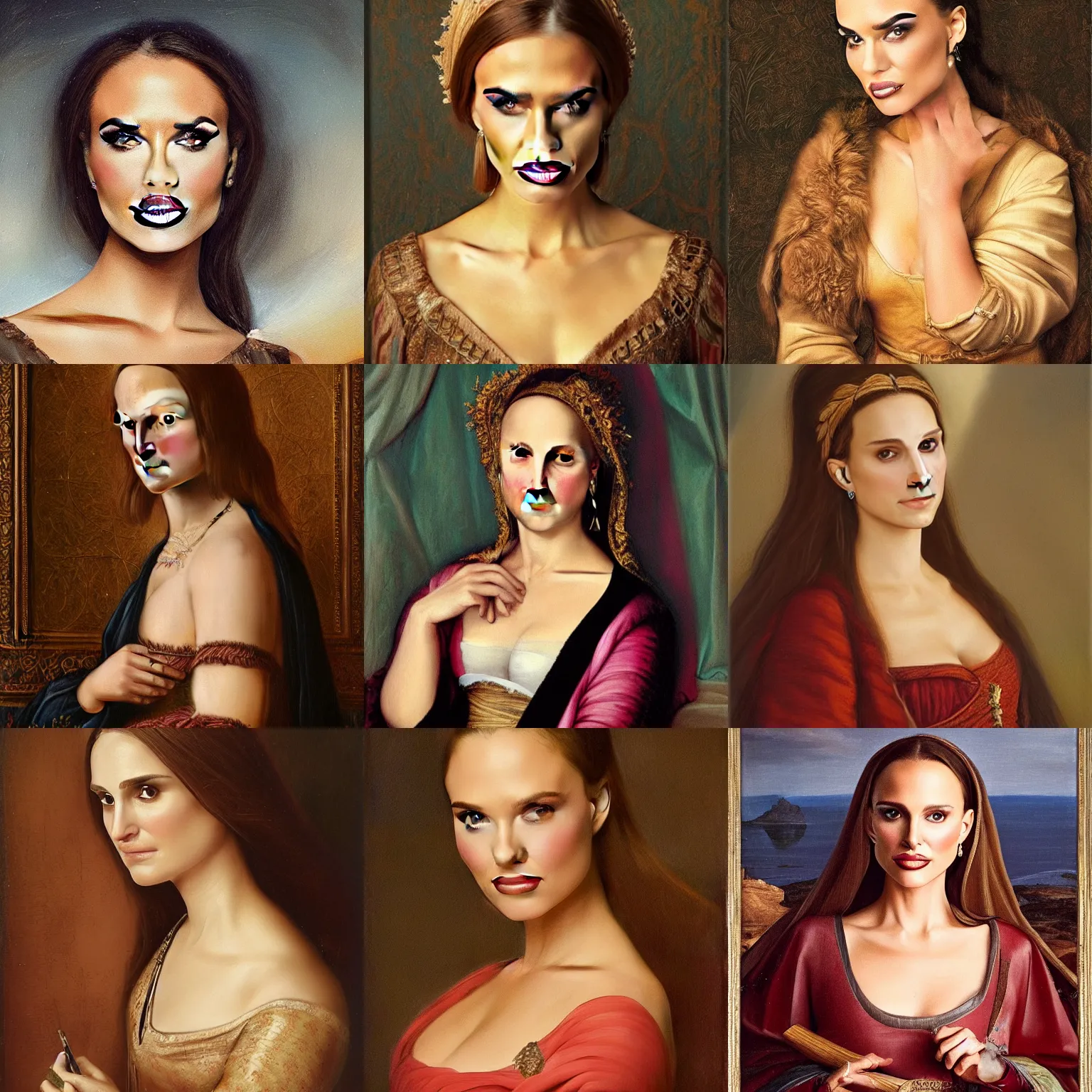 Prompt: a portrait of a Natalie Portman as beautiful female, full face, beautiful clothes, oil painting in a renaissance style , very detailed, fantasy art, rule of thirds