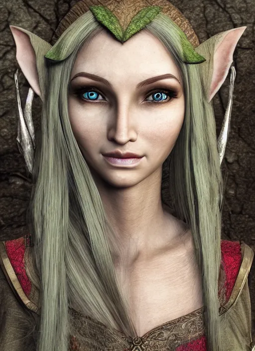 Image similar to portrait of a beautiful female elf, realistic, highly detailed