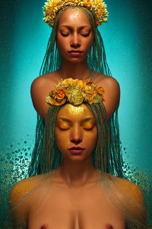 Image similar to hyperrealistic post - symbolist cinematic very beautiful! oshun goddess with white eyes, yoruba body paint, dripping mirror droplet armor, gold flowers, highly detailed digital art masterpiece, smooth etienne sandorfi eric zener dramatic pearlescent soft teal light, ground angle uhd 8 k, sharp focus