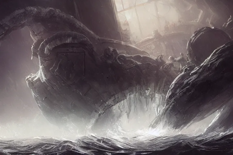 Prompt: Scylla and Charybdis, The Argo, Ancient Greek Trireme, Plows through storm tossed ocean waves, enormous Krakens, threaten from a rocky caves, the air is alive with rain lighting and fear by Jessica Rossier and HR Giger cinematic concept painting