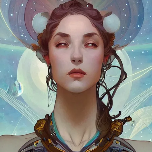 Prompt: portrait of a female space explorer, D&D, fantasy, elegant, hopeful, cosmic, muscular, highly detailed, digital painting, artstation, concept art, sketchy linework, sharp focus, illustration, art by alphonse mucha and peter mohrbacher