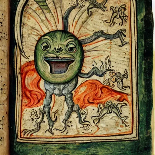 Image similar to medieval bestiary of repressed emotion monsters and creatures starting a fiery revolution in the psyche, in the style of an alchemical manuscript