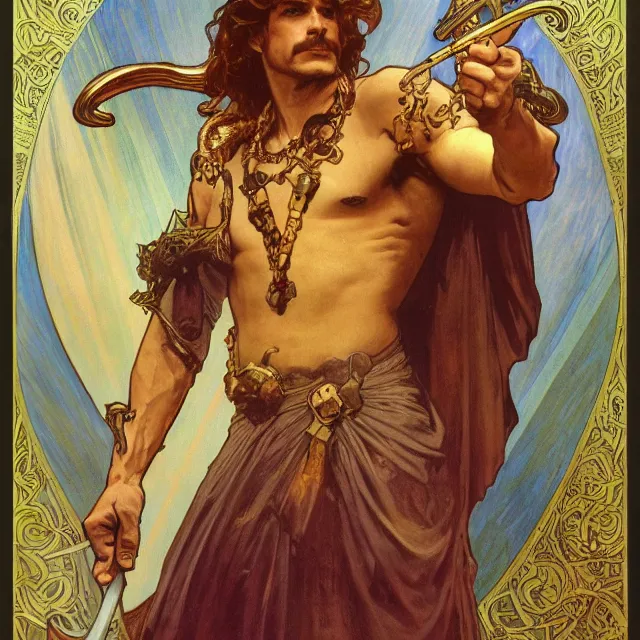 Image similar to an aesthetic! a detailed portrait of a man with a crown, holding a scepter by frank frazetta and alphonse mucha, oil on canvas, art nouveau dungeons and dragons fantasy art, hd, god rays, ray tracing, crisp contour lines, huhd