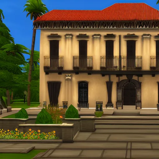 Image similar to a spanish colonial mansion, sims 3 screenshot