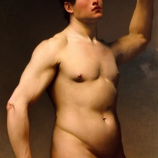 Image similar to Painting of muscular Elon Musk. Art by william adolphe bouguereau. During golden hour. Extremely detailed. Beautiful. 4K. Award winning.