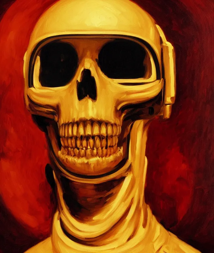 Prompt: a portrait of an astronaut with a skull head, cinematic and highly detailed oil painting by edward hopper, oil painting masterpiece, symmetry, mysterious, very aesthetic, cinematic and dramatic red light, 4 k,