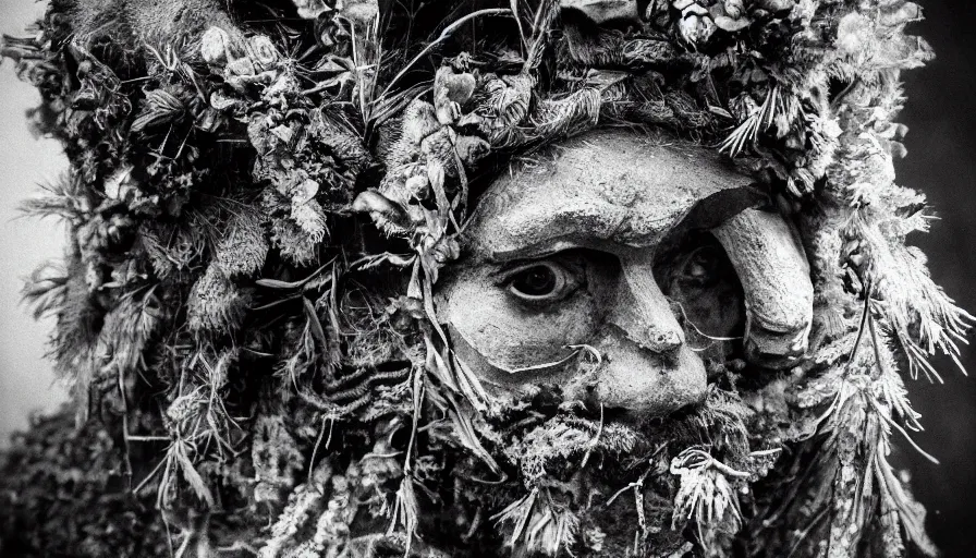 Image similar to portrait of a tyrolean folklore mask, dolomite, forest, wearing hay coat, with horns, eerie, flowers growing out of his body, detailed intricate insanely detailed octane render, 8k artistic 1920s photography, black and white, grainy, photorealistic, chiaroscuro, by David Cronenberg, Raphael, Caravaggio