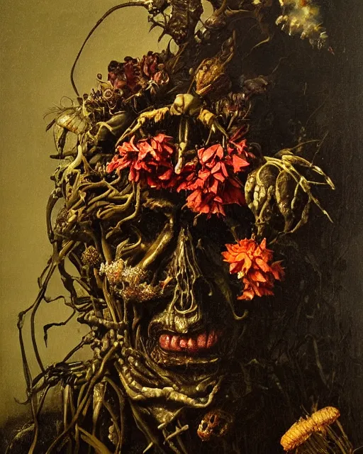 Image similar to oil painting portrait dark background of a mutant man with a strange disturbing face made of flowers and insects by otto marseus van schriek rachel ruysch christian rex van minnen dutch golden age dramatic lighting chiaroscuro