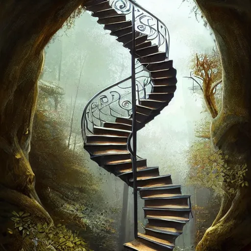 Prompt: a man, walking up a steep and winding staircase. in woods. intricate, elegant, highly detailed, digital painting, artstation, concept art, sharp focus, illustration, by justin gerard and artgerm, 8 k