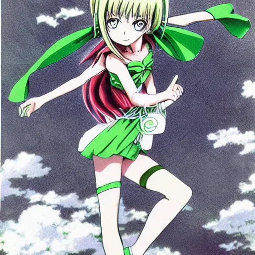 Image similar to anime, girl, green dress, flying, by eiichiro oda