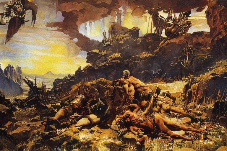 Image similar to a beautiful painting of a rocky landscape covered with bodies of medieval soldiers in shiny armors, dawn, by Frank Frazetta, by Georgia o keeffe, by Gustave Moreau