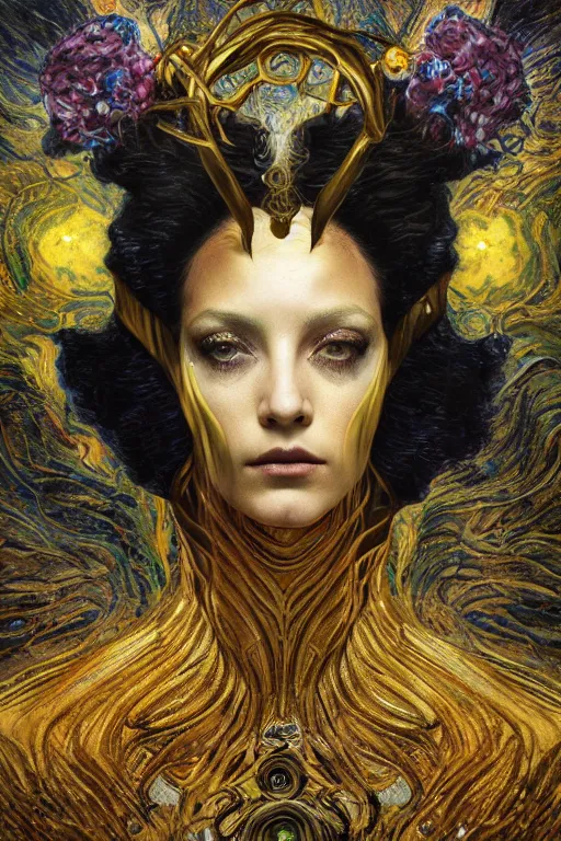 Prompt: Intermittent Chance of Chaos Muse by Karol Bak, Jean Deville, Gustav Klimt, and Vincent Van Gogh, beautiful portrait of Rebirth, Loki's Pet Project, Poe's Angel, Surreality, inspiration, imagination, muse, otherworldly, fractal structures, arcane, ornate gilded medieval icon, third eye, spirals