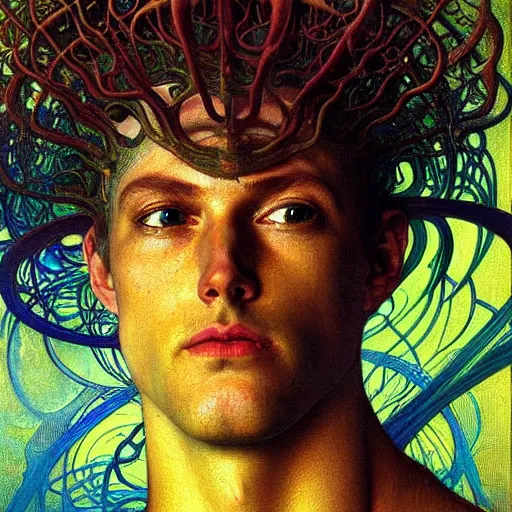 Image similar to realistic extremely detailed portrait painting of an average man ,futuristic , by Jean Delville, Amano, Yves Tanguy, Alphonse Mucha, Ernst Haeckel, Edward Robert Hughes, Roger Dean, rich moody colors, blue eyes