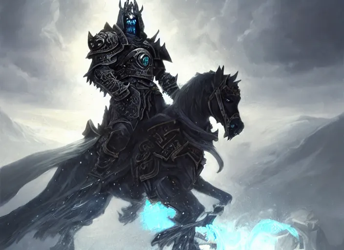 Image similar to lich king from world of warcraft, on a horse by greg rutkowski, detailed face, full body