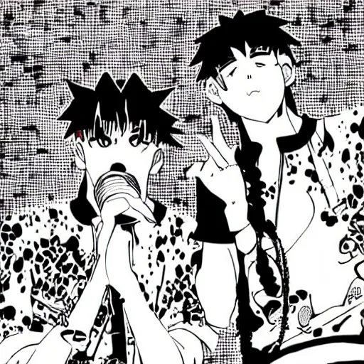 Prompt: 2 rappers on stage at concert, large crowd, lasers for lights, in the style of manga art,