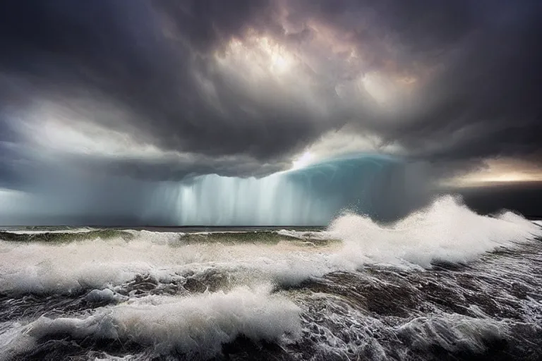 Image similar to beautiful landscape photography by marc adamus, scotland shore, big waves crashing, dramatic lighting, storm