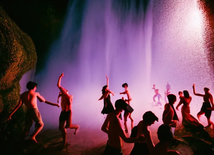 Image similar to people dancing under a waterfall highly detailed sharp zeiss lens 3 5 mm kodachrome film masterpiece ryan mcginley moonmilk fireworks trees nature running cave with blue ambient lighting