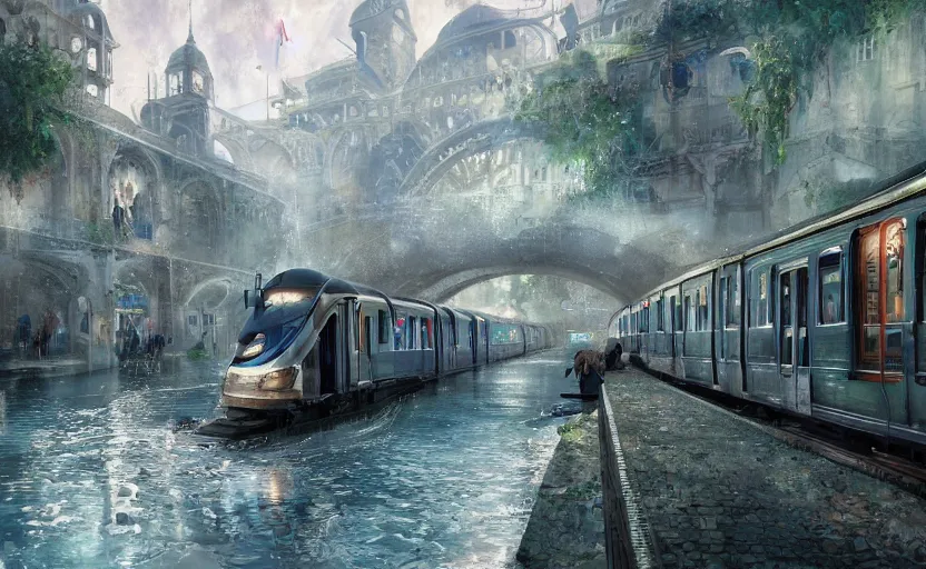 Prompt: An urban train rides inside of a waterway on a fantasy city, next to a fountain and a mystical palace, waterfall, intricate, elegant, volumetric lighting, digital painting, highly detailed, artstation, sharp focus, illustration, concept art, ruan jia, steve mccurry