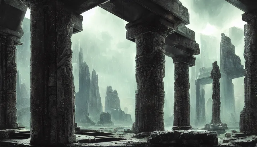 Prompt: Inside ancient alien temple, crumbling stone columns, refracted sparkles, thunderstorm, dark still pool, major arcana sky and sci-fi alien symbology, by paul delaroche, hyperrealistic 4k uhd, award-winning, very detailed cyberpunk