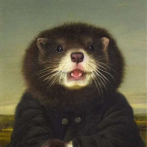 Image similar to Portrait of a Ferret with dark fur in a general outfit , painted by Jan Willem Pieneman, Courageous, Bold, painting