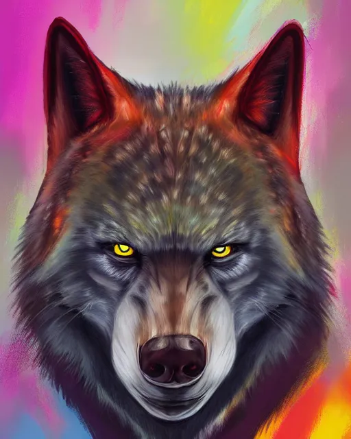 Image similar to a head and shoulder portrait of Werewolf painted in the colorful and expressive style of Kotwdq, trending on Artstation 8k photorealistic