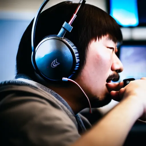 Image similar to Photo of Genghis Khan, wearing a headset, playing the game League of Legends, close-up, bored, sleep deprived, screaming, high detail, studio, 85mm Sigma Art Lens