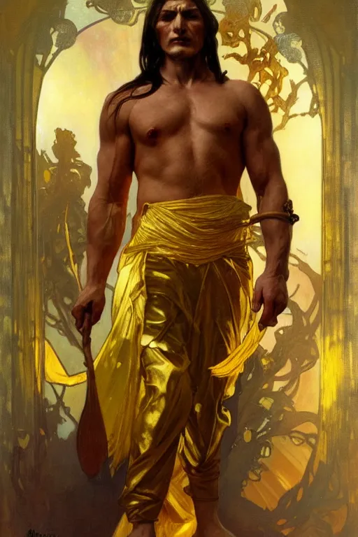 Prompt: A man wearing golden mask, hair like fire, muscular, painting by greg rutkowski and alphonse mucha