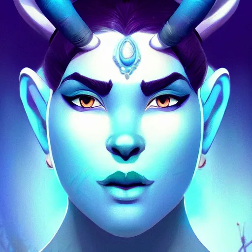 Prompt: portrait of shiva, blue skin, powerful and majestic look, mattepainting concept blizzard pixar maya engine on stylized background splash comics global illumination lighting artstation, sharp focus, lois van baarle, ilya kuvshinov, rossdraws