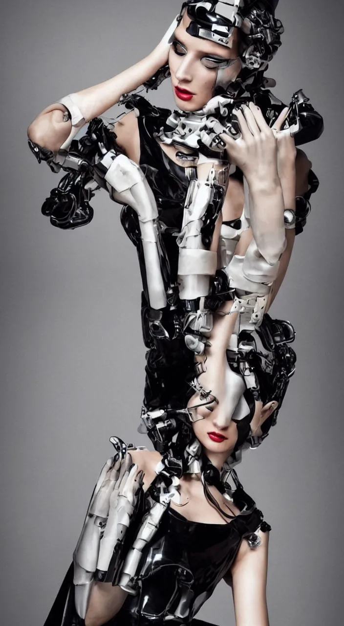 Image similar to android, cyberpunk, artificial limbs, vogue photoshoot, glamour, long dress