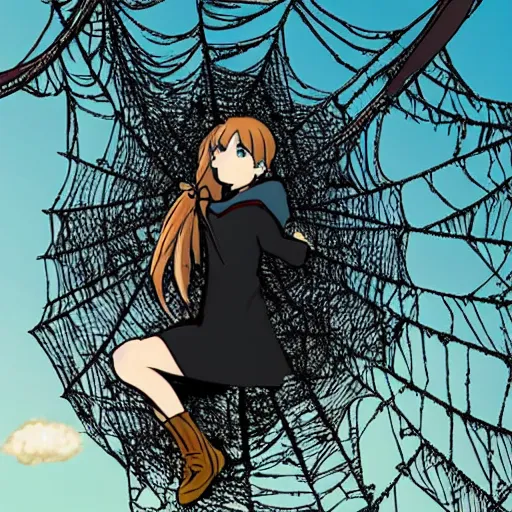 Image similar to anime emma watson hanging from and trapped in a giant spider web