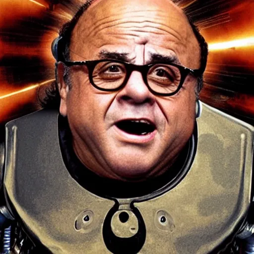 Prompt: Danny Devito as God dressed in a holy exosuit preparing to fight the devil, surreal, gold, light, vibrant, clouds, war