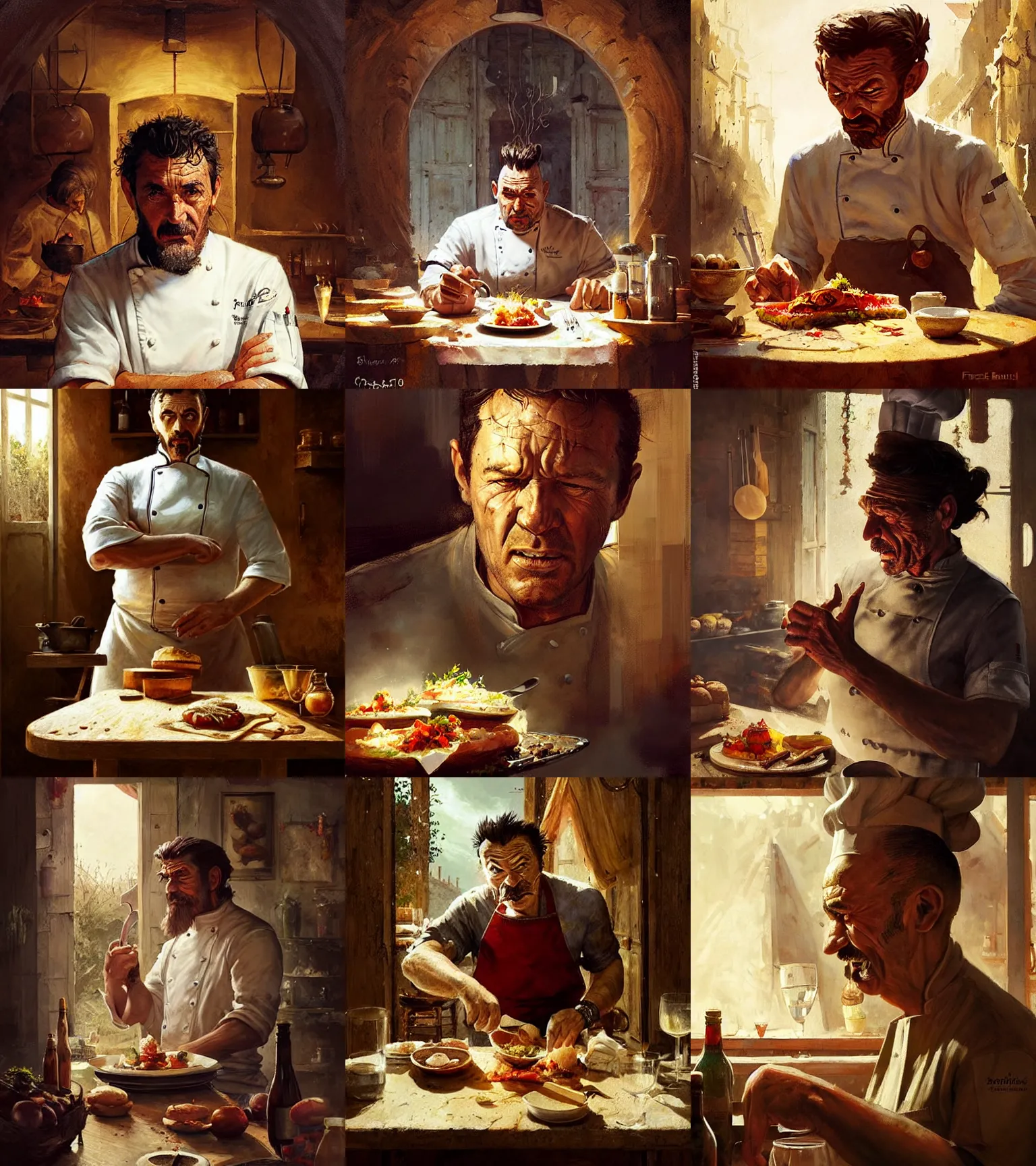 Prompt: a portrait of a chef character in a scenic french kitchen environment by marco bucci and greg rutkowski and frank frazetta, sharp focus, detailed, cinematic, french