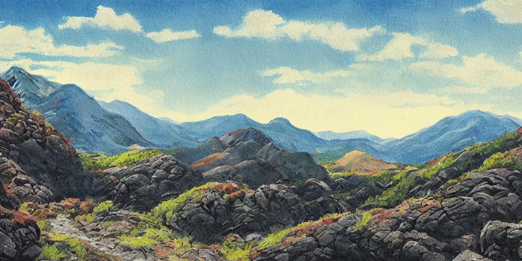 Prompt: grand landscape of rocky hills, art by kotaro chiba