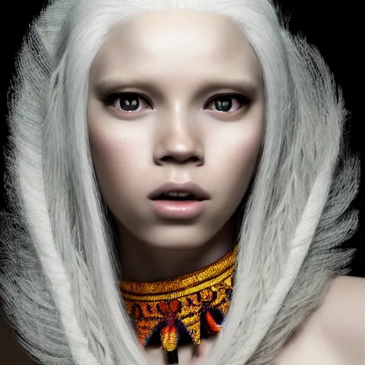 Prompt: A masterpiece portrait of a Incredibly beautiful albino African albino girl albino model.Sharpen With big bright African jewelry. In wonderful African clothes. Vogue. trending on artstation, digital art, by Stanley Artgerm Lau, WLOP, Rossdraws, James Jean, Andrei Riabovitchev, Marc Simonetti, Yoshitaka Amano