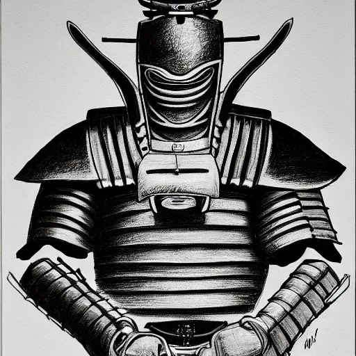 Image similar to portrait of a samurai robot drawing in high resolution by otto eerelman