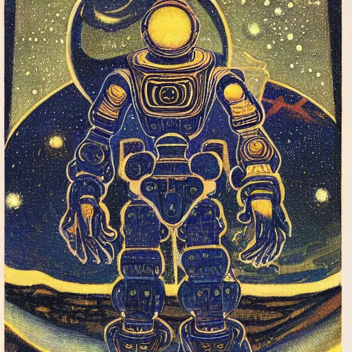 Image similar to illustration of the man in the moon as a robot, by nicholas roerich and donato giancola and dulac, sharp focus, very detailed, starry sky, geometric ornament, dramatic lighting