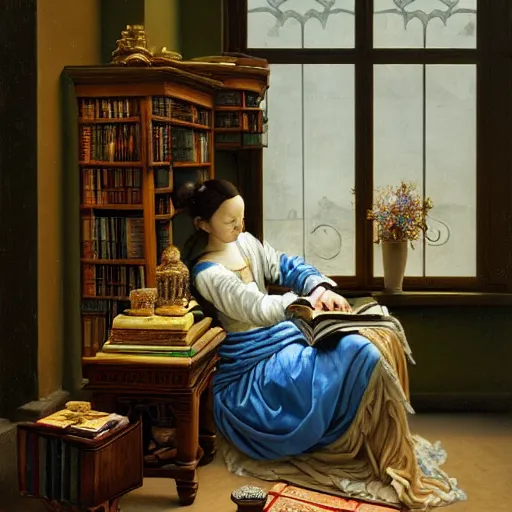 Image similar to a highly detailed fantasy pastel oil painting of a young wizard in ornate clothing lounging on a purpur pillow on the marble floor in front of her bookcase, studying an ancient tome. to the side is a potted plant and some blue candles. ancient oriental fantasy setting. in the style vermeer and mark tedin